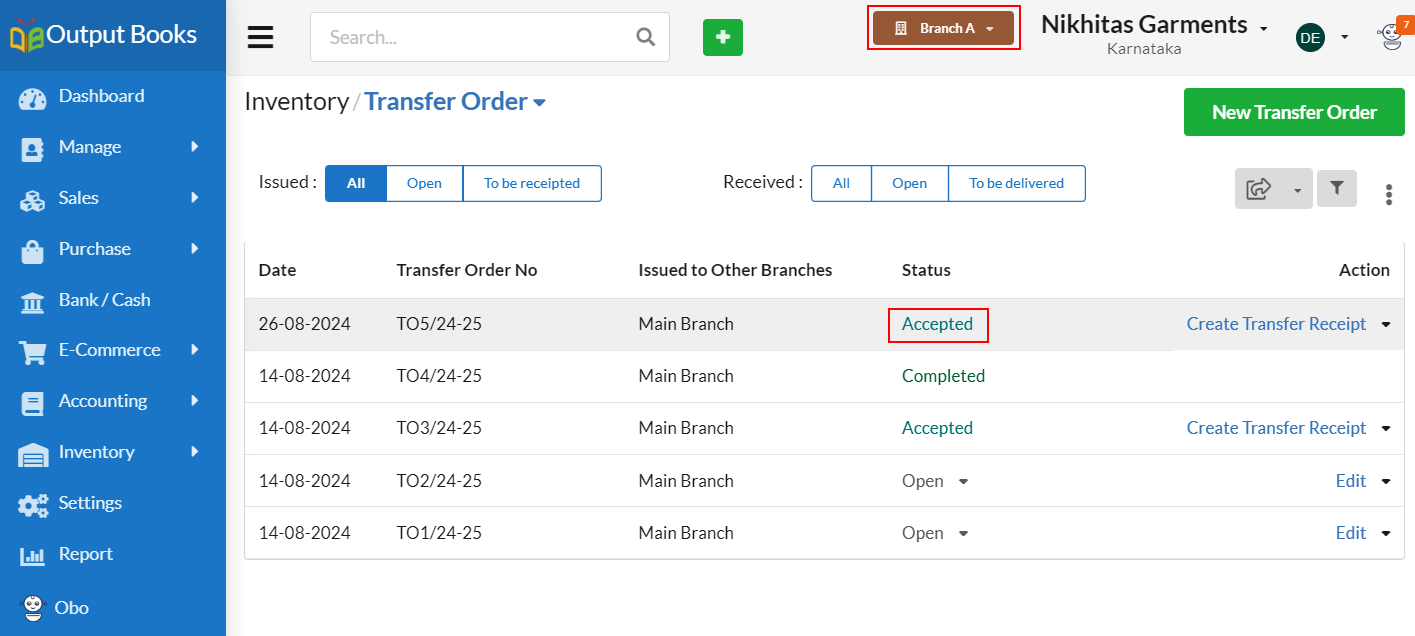 Output Books - Transfer Order Accepted Branch A