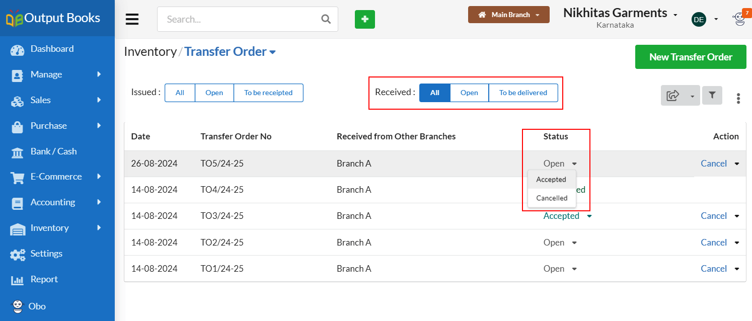 Output Books - Transfer Order Accepted Main Branch