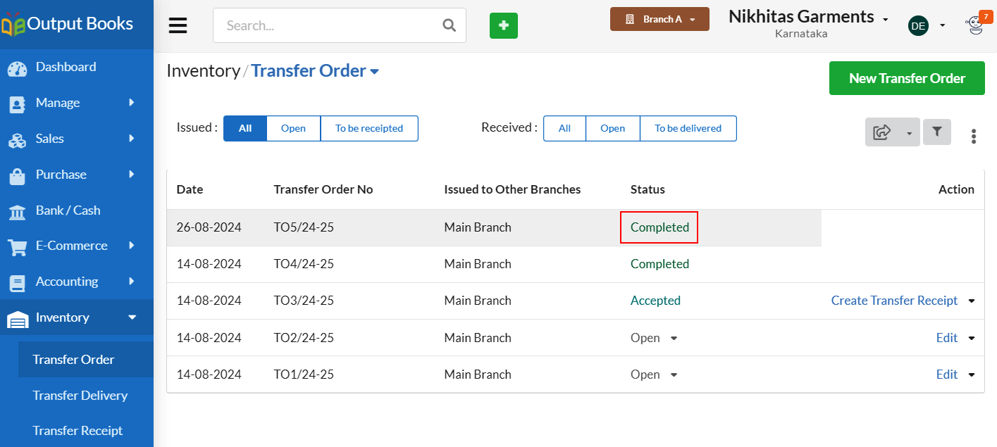 Output Books - Transfer Order Completed Branch A