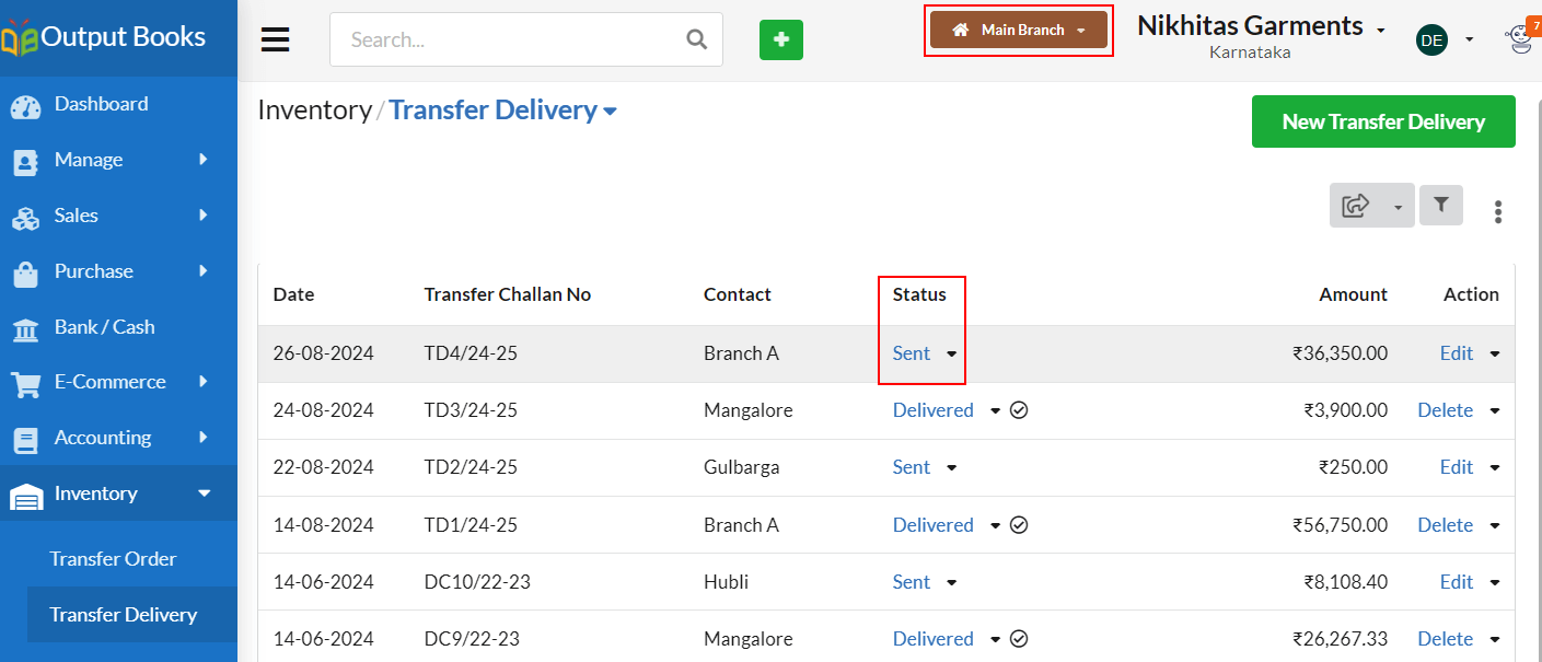 Output Books - Transfer Order Main Branch Sent