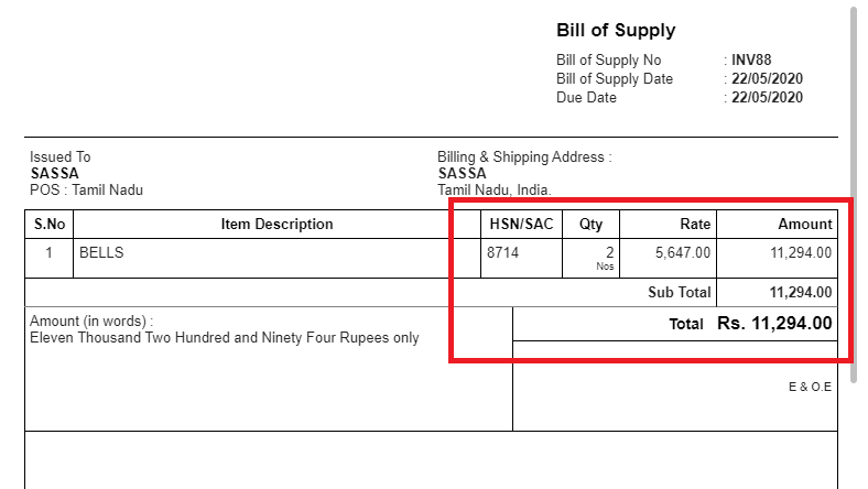Bill Of Supply without Tax- Exempted item